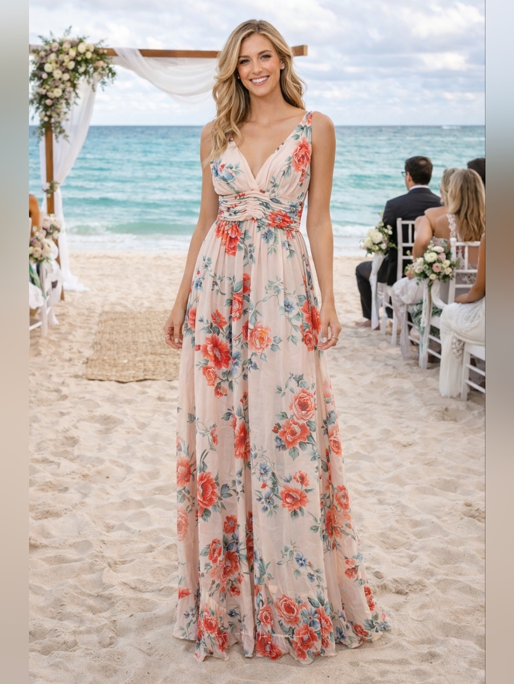 NWT - Lulus Floral V-Neck Romantic Maxi Dress — Beige with Coral Roses, Size L